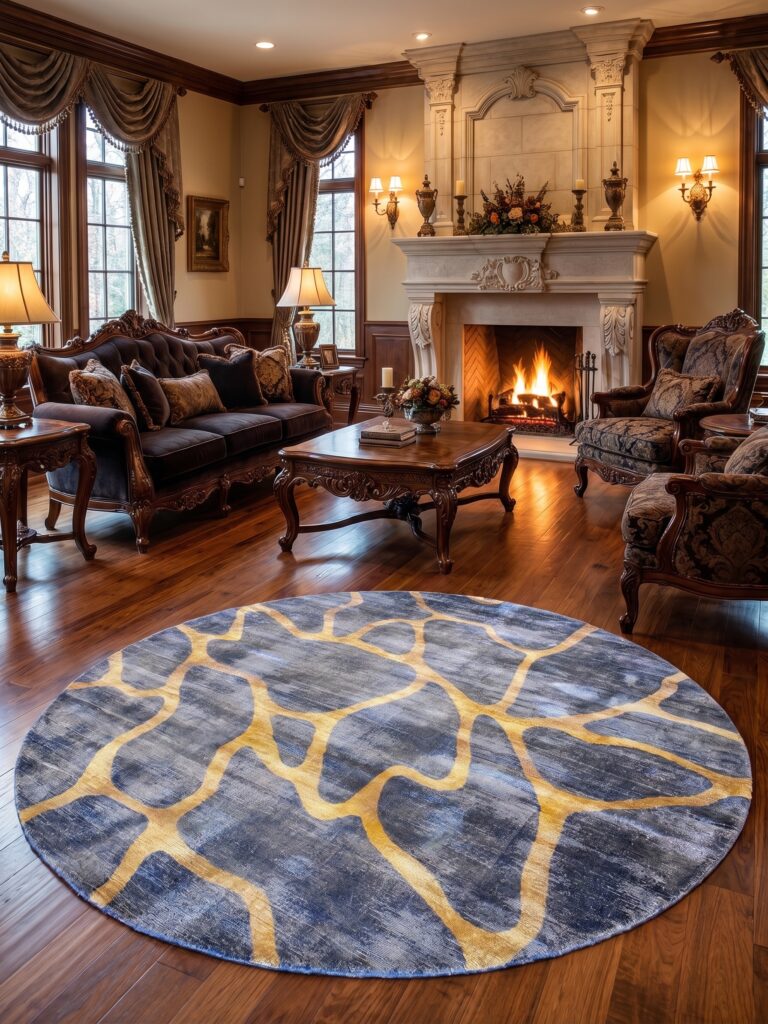 The Aurelian Nexus: Hand-Finished Abstract Round Rug in Indigo and Gilded Gold