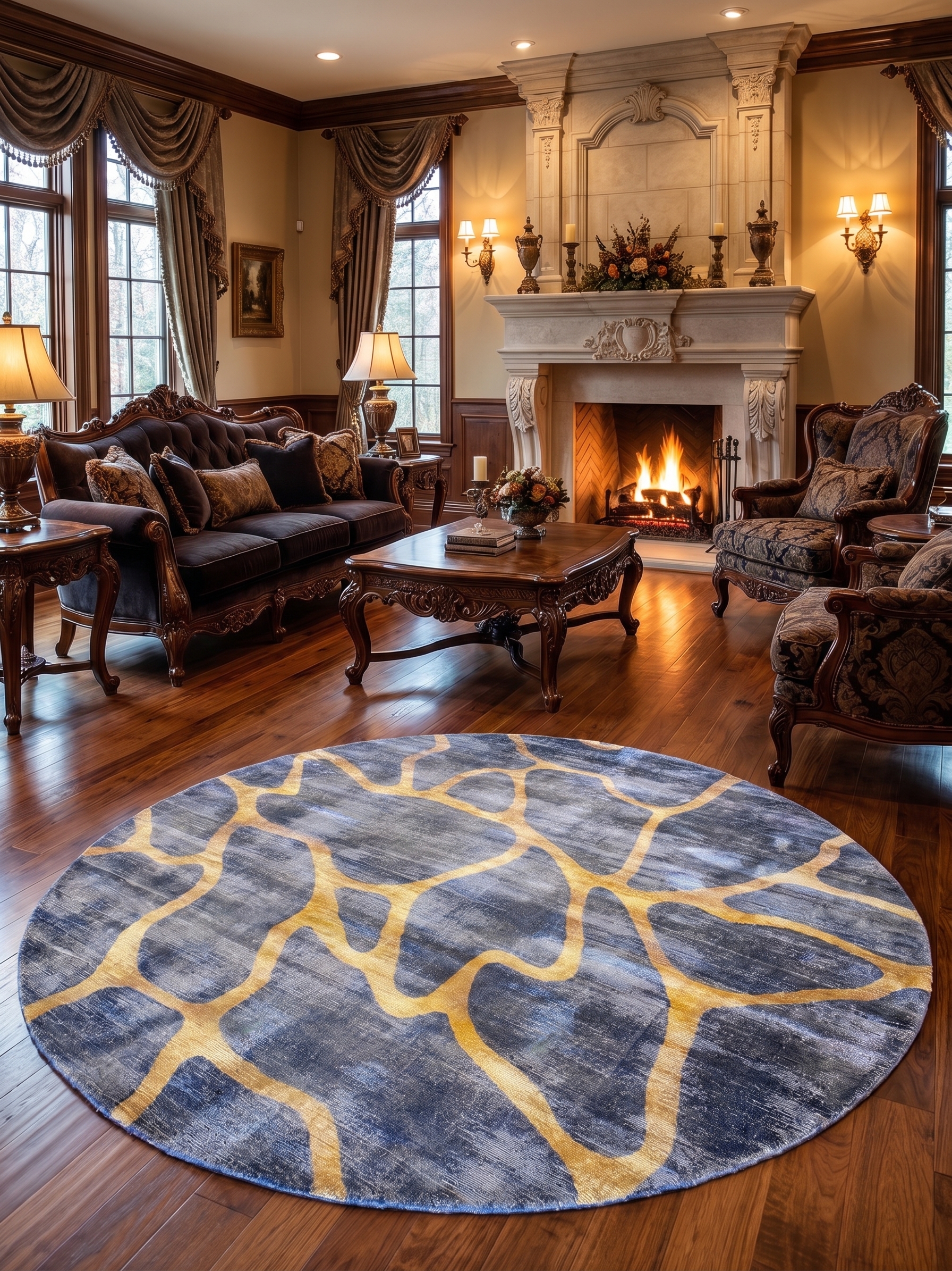 The Aurelian Nexus: Hand-Finished Abstract Round Rug in Indigo and Gilded Gold