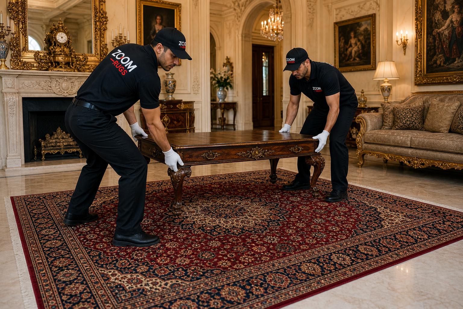 Zoom Rugs team rolling a rug in a luxury home