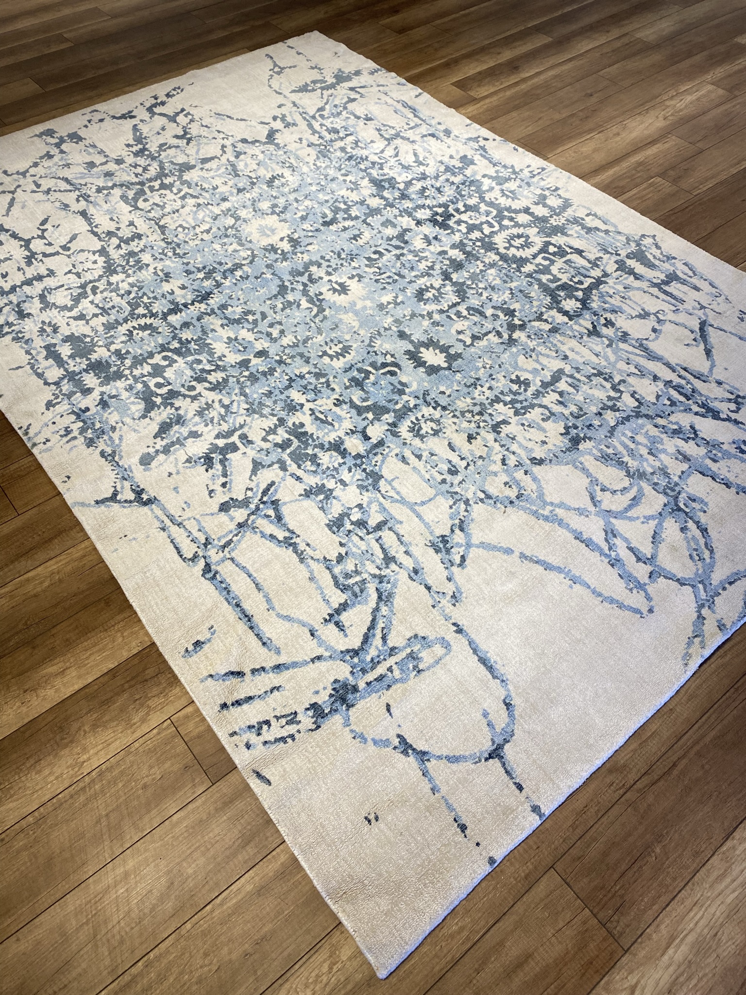 The Azure Nebula: Abstract Deconstructed Medallion Hand-Knotted Rug