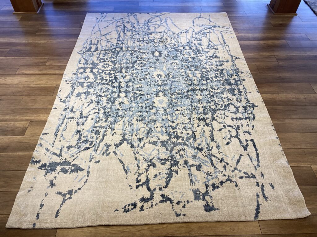 The Azure Nebula: Abstract Deconstructed Medallion Hand-Knotted Rug Mockup