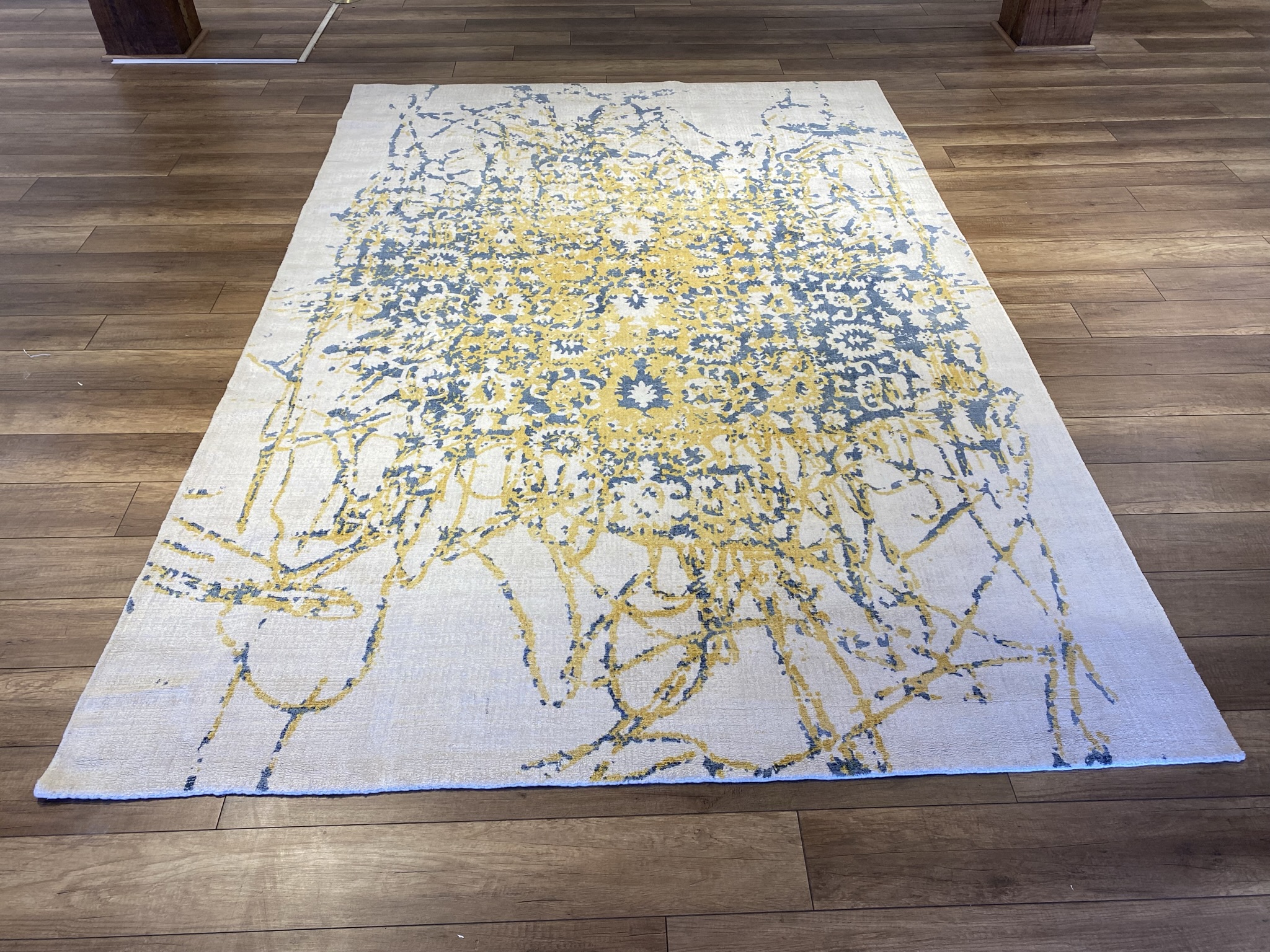 The Gilded Cobalt: Transitional Abstract Silk & Wool Blend Rug