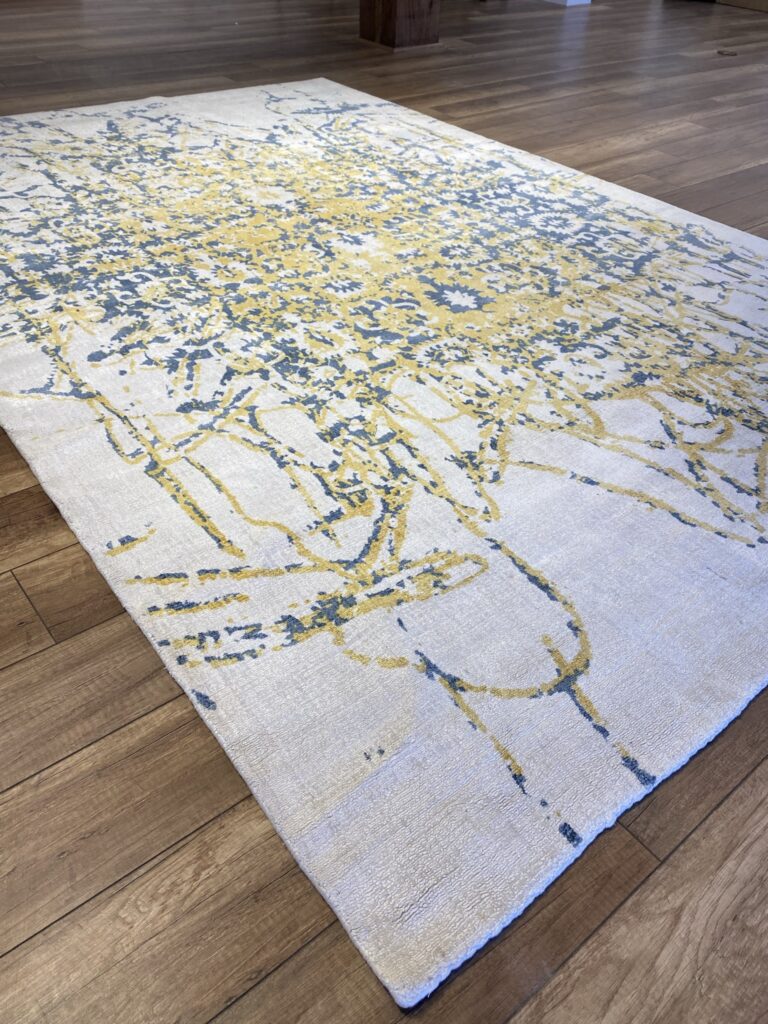 The Gilded Cobalt: Transitional Abstract Silk & Wool Blend Rug Mockup