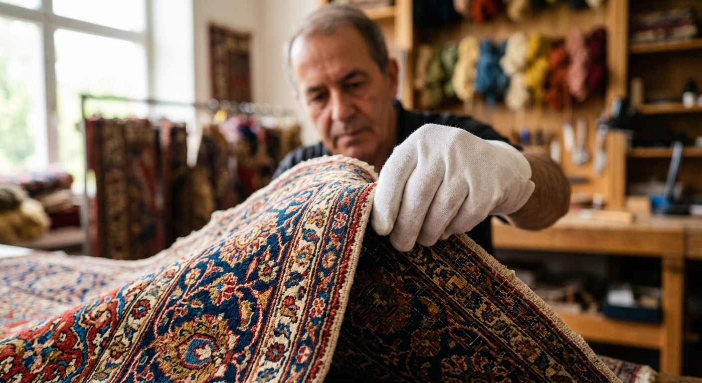 Master artisan inspecting rug