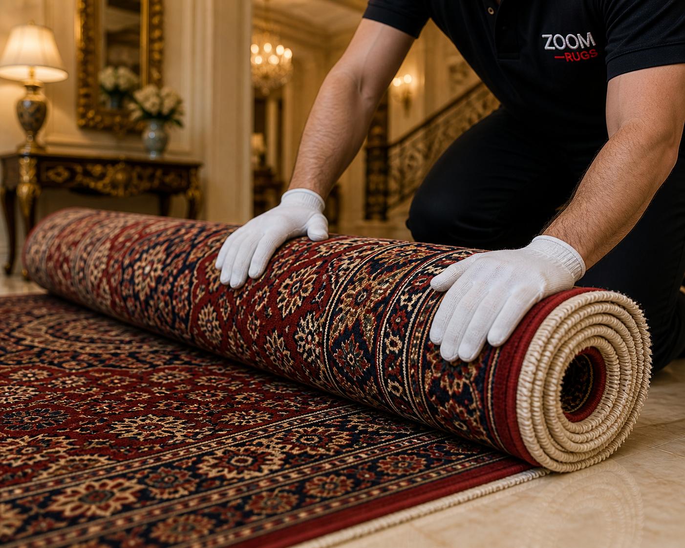 Zoom Rugs team carrying a rug through an estate