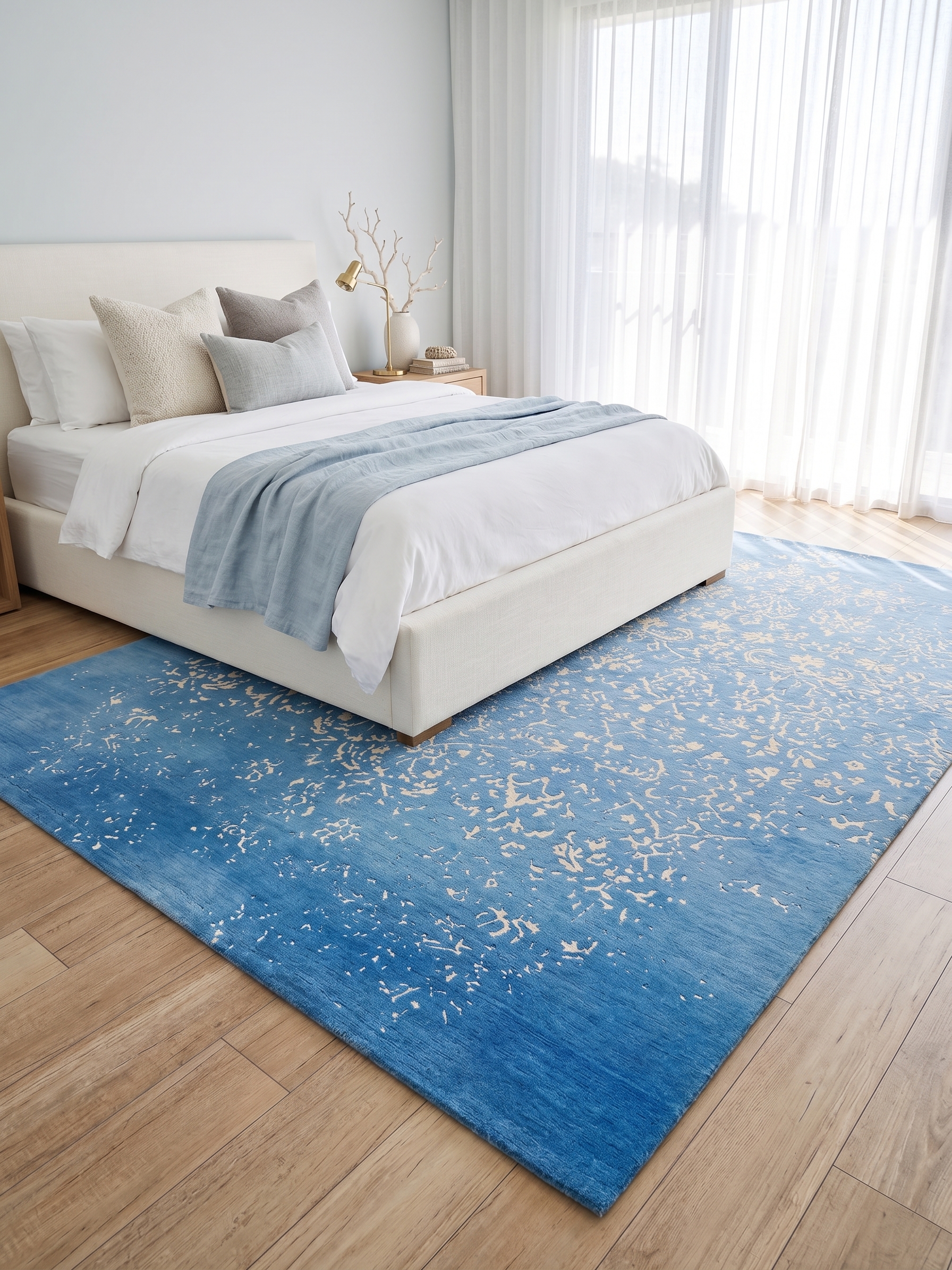 The Azure Mirage Distressed Botanical Silk-Blend Rug