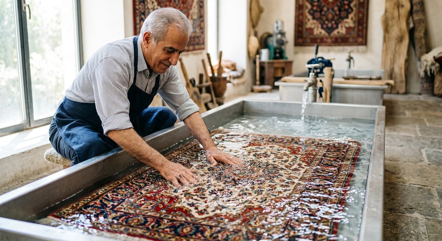 Master artisan hand washing a rug