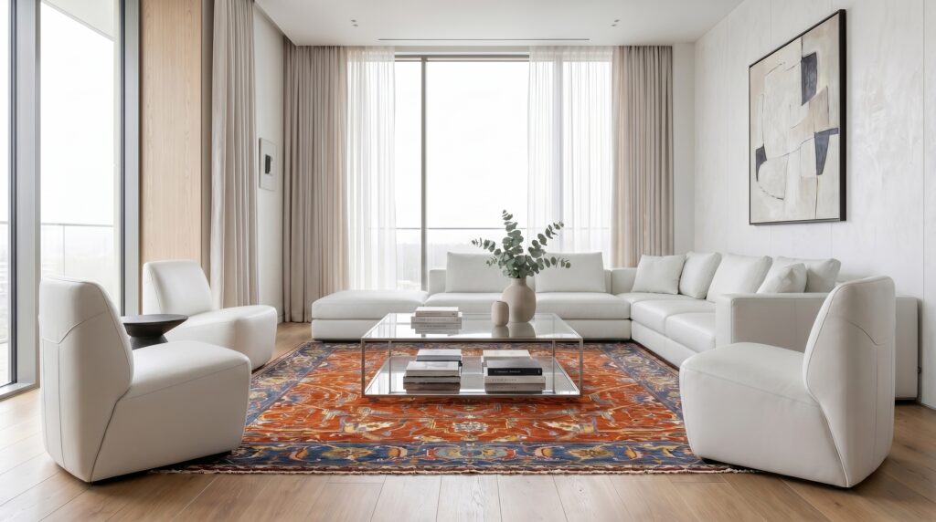 The Heritage Collection: Hand-Knotted Burnt Sienna & Indigo Traditional Rug Mockup