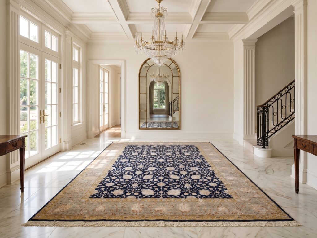 The Imperial Midnight Floral Scroll Rug Mockup