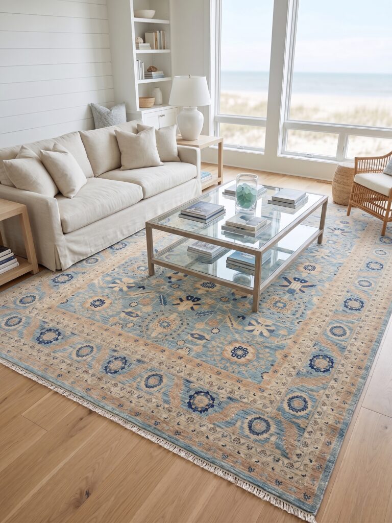 Coastal Serapi Hand-Woven Transitional Rug Mockup