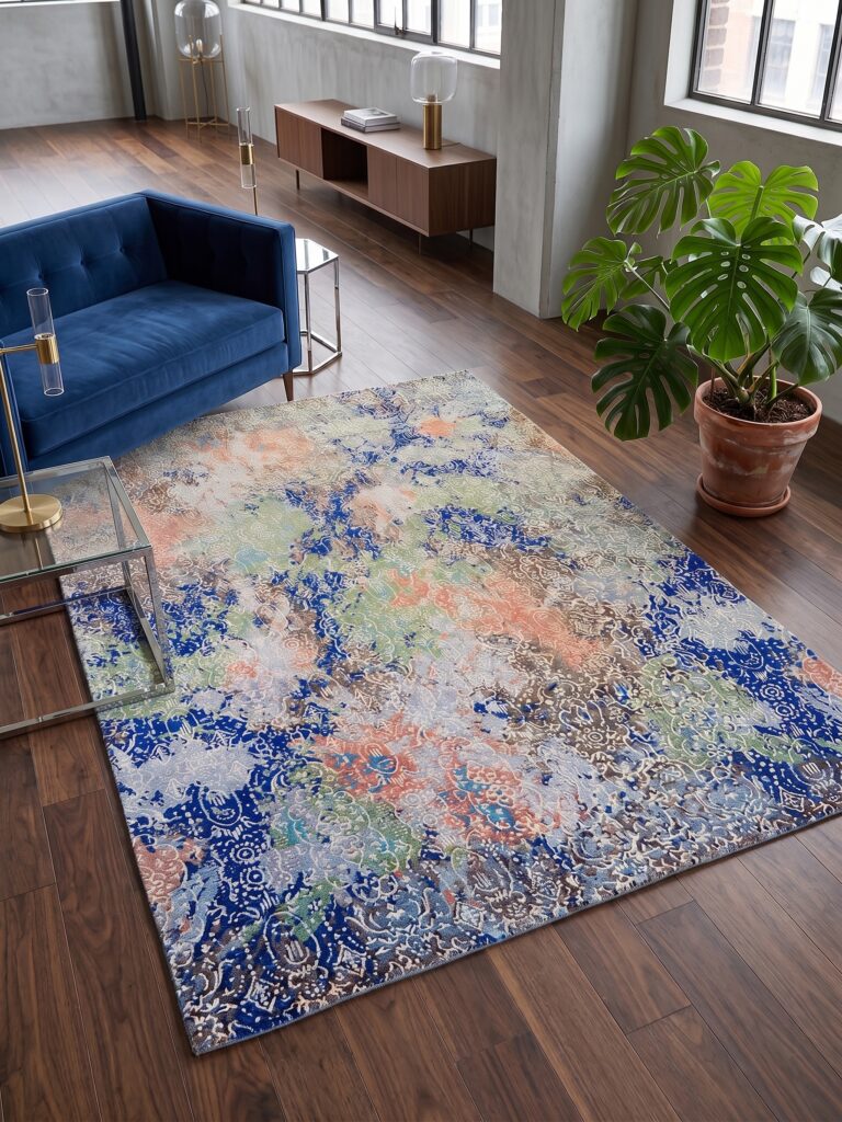 The Artisan Indigo & Terracotta Distressed Mosaic Area Rug Mockup