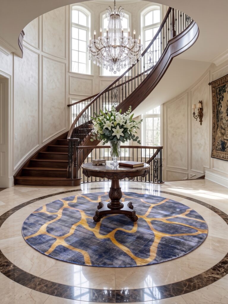 The Aurelian Nexus: Hand-Finished Abstract Round Rug in Indigo and Gilded Gold Mockup