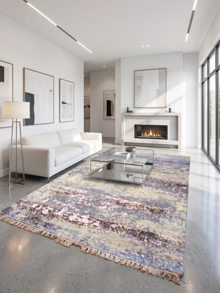 Celestial Horizon Hand-Knotted Abstract Silk-Blend Rug Mockup