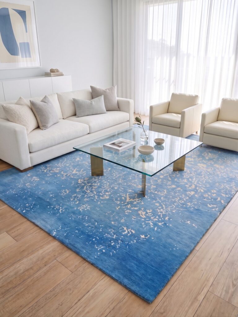 The Azure Mirage Distressed Botanical Silk-Blend Rug Mockup