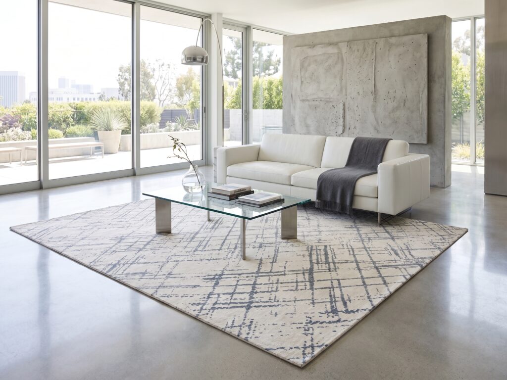 Linear Echo Modern Silk-Inlay Rug Mockup