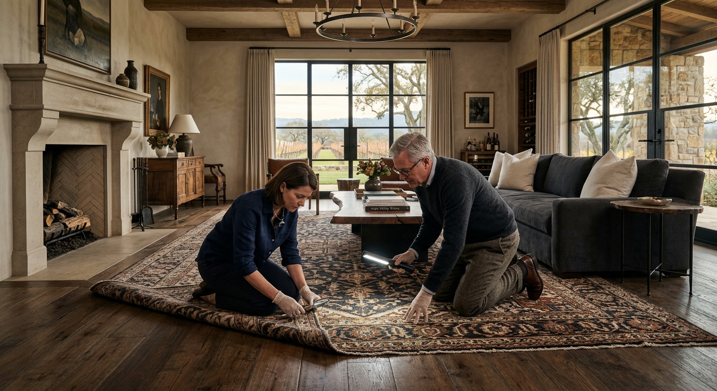 Luxury the Peninsula interior inspecting antique rug for moth damage
