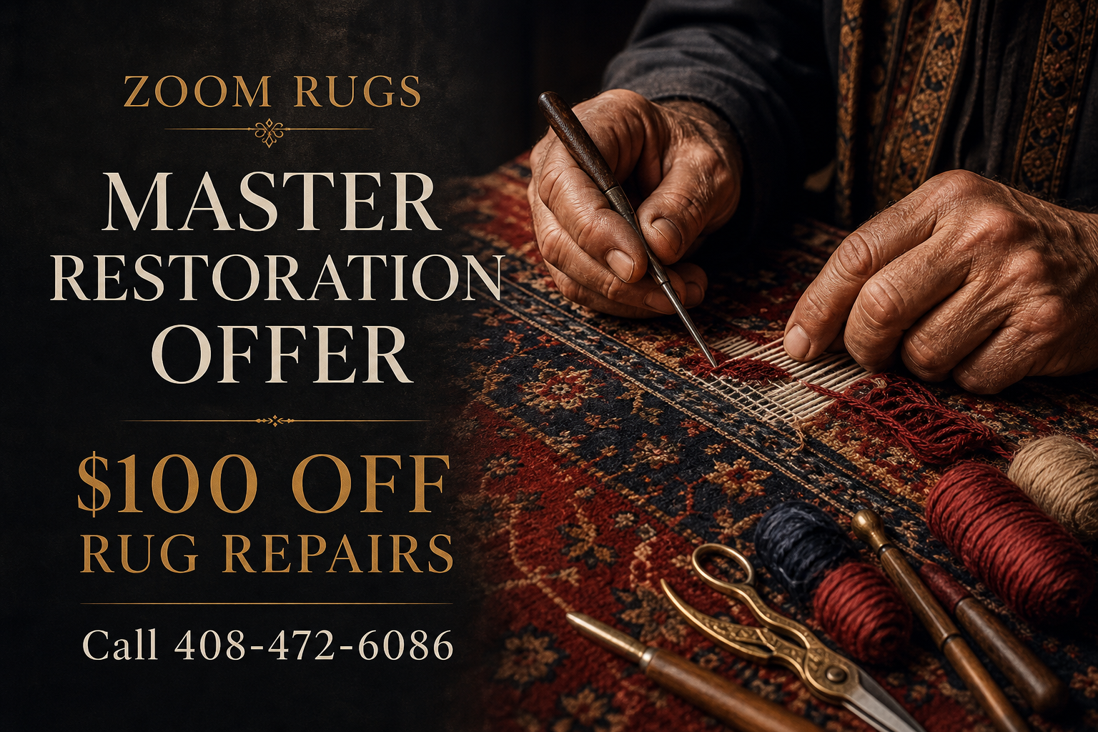 One hundred dollars off rug repairs from Zoom Rugs