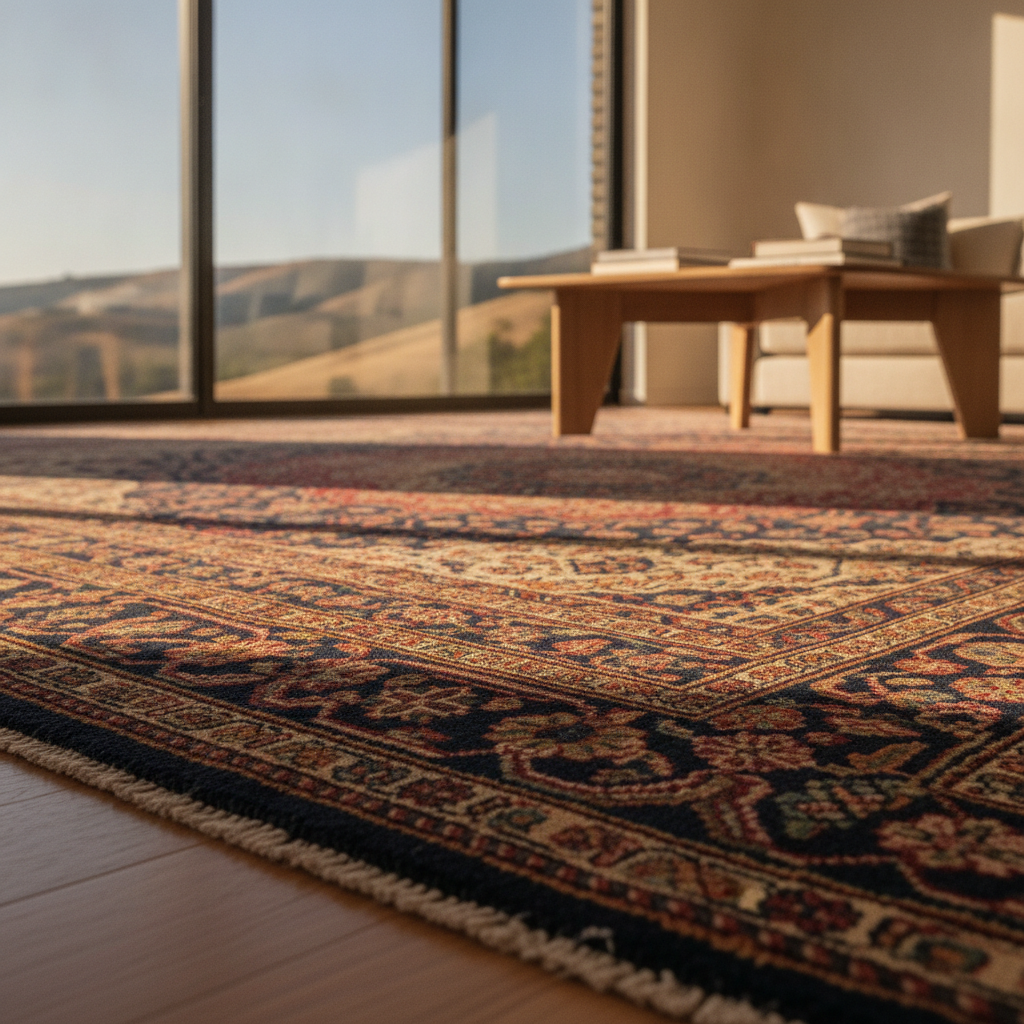 A close-up of a fine Persian rug receiving abundant natural sunlight within a luxurious Portola Valley home.