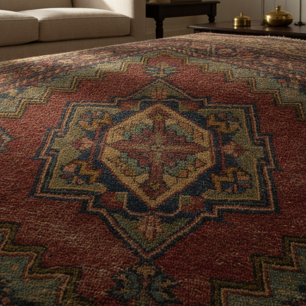 A close-up view of an antique Persian rug's intricate patterns and aged texture, subtly highlighting the delicate fibers.