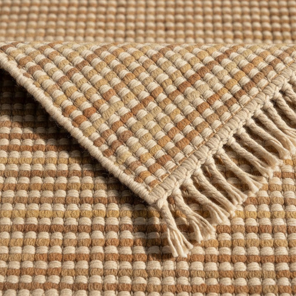 The back of a handmade wool rug turned over to show individual knots and warp threads