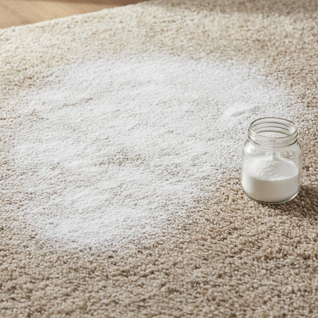 Baking soda sprinkled evenly over an area rug