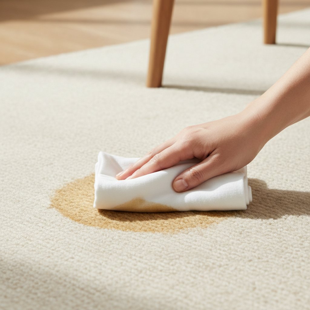 A hand blotting a fresh spill on a wool rug with a clean white cloth