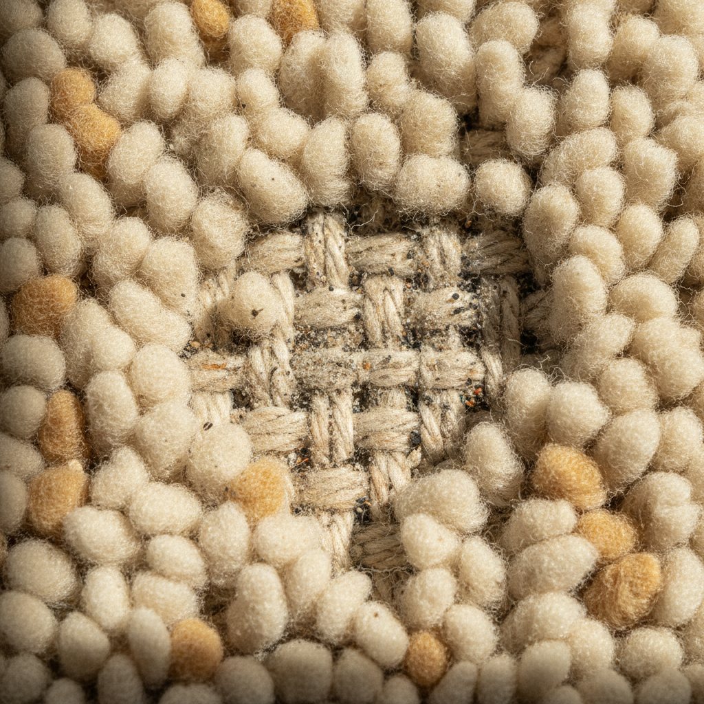 Close-up of fine grit settled deep in the pile of a wool rug