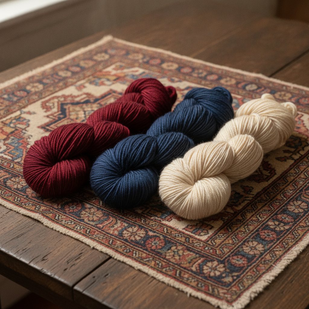 Skeins of hand-dyed wool yarn laid against a Persian rug for color matching