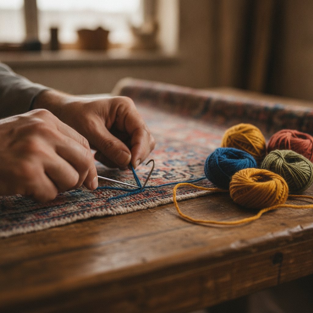 Hands reweaving a small area of a wool rug with a needle and matched wool yarn