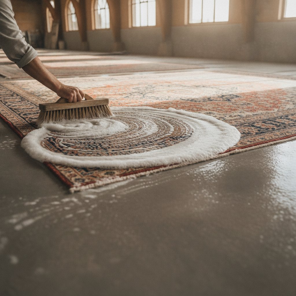 A wool oriental rug being hand washed in clean cold water with a soft brush
