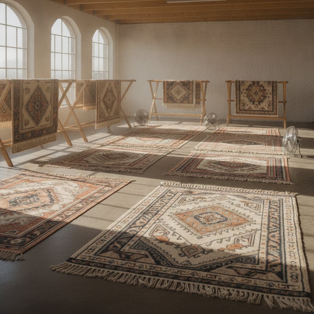 Clean handmade rugs laid flat to dry in a ventilated room