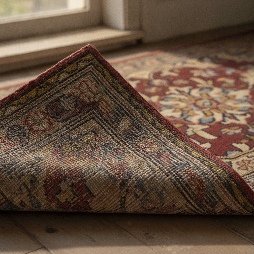 A corner of a Persian rug folded back to show the knotted pattern on the back