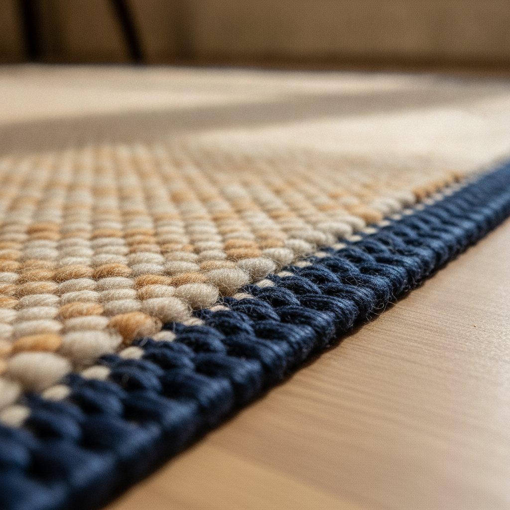 The side edge of a wool rug being overcast with matching wool yarn
