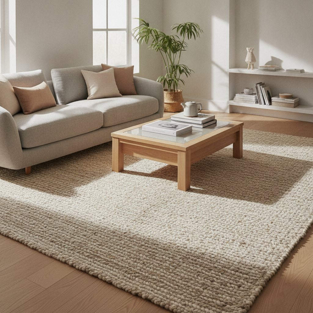 A large wool area rug in a bright, modern living room